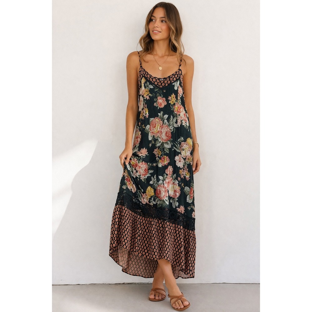 Vintage Floral Slip Dress Lace Panel Mixed Print Midi Boho Cottagecore XS S